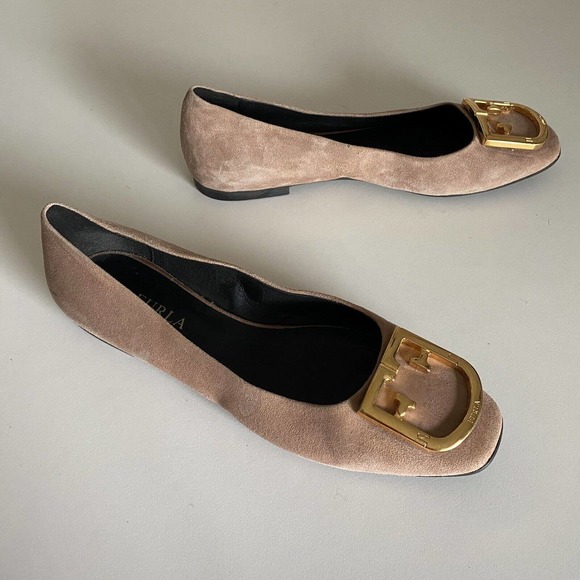 Furla Fantastica Ballet Flat Suede Gold Tone Logo Blush Pink Slip On 37 … - Picture 2 of 10